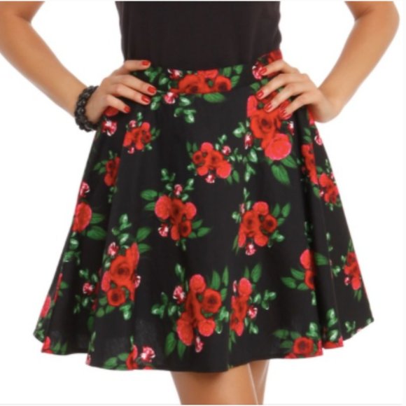 Hell Bunny Dresses & Skirts - Hell Bunny Black & Red Roses Flared Mini Skirt